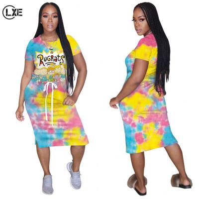 China Anti-static LXE171 2021 Best-selling cartoon printed dresses tie dye dress women's long dress for sale