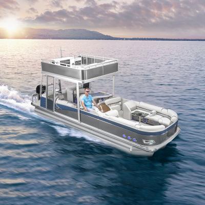 China New Luxury Fishning Ecocampor Party Fishing Tritoon Double Decker Aluminum Pontoon Boat With Slide for sale