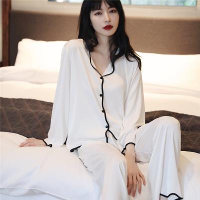 China Breathable Imitated Silk Fabric Women Pajamas Set Solid Color Ladies Homewear Long Sleeve Silk Pajamas Set for sale