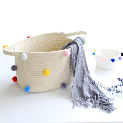 China Nordic Style Wool Ball Cotton Rope Woven Storage Basket Baby Laundry Cosmetics Folding Desktop Storage Box for sale