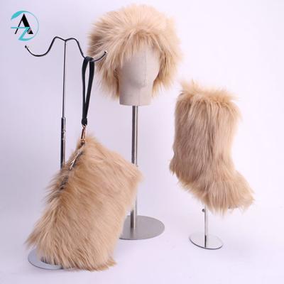 China Kids Lightweight Cheap Colorful Fluffy Boots Faux Furry Purses Sets Women Snow Fur Boots With Headband for sale