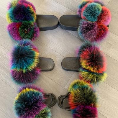 China Hot Adult Fashion Trend Real Raccoon Dollar Amazon Sale Extra Hairy Fur Slides With Fur Pompom Ontop Dropshipping Oversized Fur Slides for sale