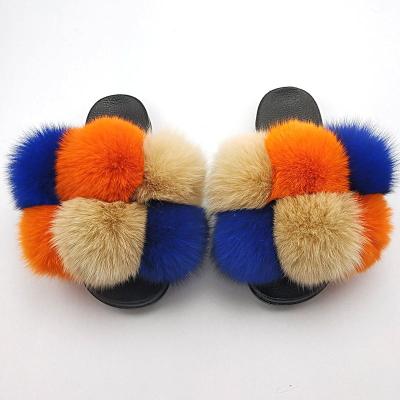 China Fashion Trend Luxury Fashion Fluffy Fur Slides Real Fur Flip Flops Women Kids Slippers Female Slides and Baby Size Fox Fur Sandals for sale