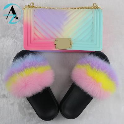 China Fashion trend custom all color and logo furry children and adult fur slippers flip flops fur slides and purse set for sale