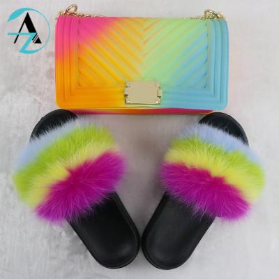 China Wholesale 2021 fashion trend summer fur slipper slides and purse furry handbag sets women fluffy fur sandals and matching purse for sale