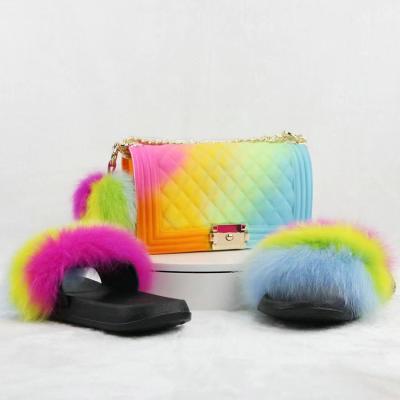 China Fashion Trend Customized Wholesale Fashion Fur Slippers And Purse Sets Fox Fur Sandals And Handbag Sets For Women And Girls for sale