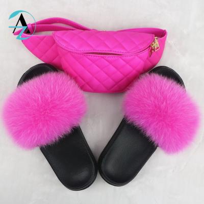 China 2021 Fashion Trend New Design Jelly Purse And Fur Slippers Fox Fur Slides Real And Luxury Colorful Waist Bag Sets For Women for sale