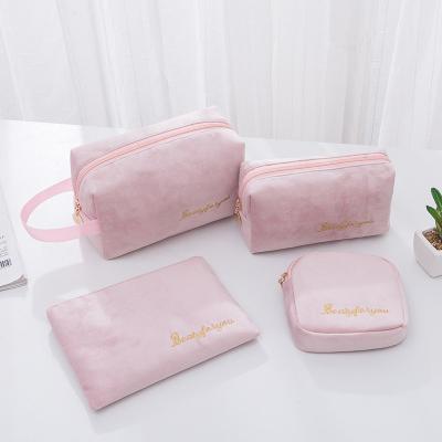 China Durable Flannel Convenient Storage Cosmetic Bag Set Velvet 4 Velvet Cosmetic Organizer Pouch Flannel Square Zipper Pouch Cosmetic Bag for sale