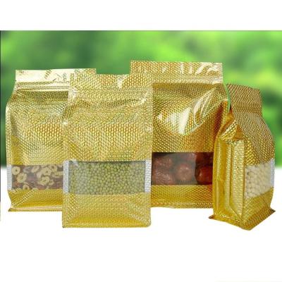 China Moisture Proof 8 Flat Bottom Food Packaging Bag Side Stand Up Pouch Gold Color Custom Zipper Hologram Plastic Bag With Window for sale