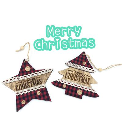 China Hanging Ornament Plaid Merry Christmas Wooden Shaped Hanger, Star, Tree, Heart, Xmas Toy for sale