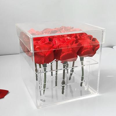 China Home Using Valentine's DayAcrylic Flower Box Water Holder, Rose Pots Stand Clear - Decorative Square Vase With Removable 2 Tiers 25 Holes for sale