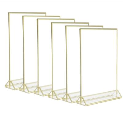 China Customized Clear Acrylic Double Sided Frames Display Rack With Vertical Stand And 3mm Gold Border Acrylic Sign Holder for sale