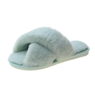 China Wholesale Lightweight Plush Faux Fur Slippers Warm Ladies Bedroom Slippers Cross Soft Design Plush Open Toe Slides Home for sale