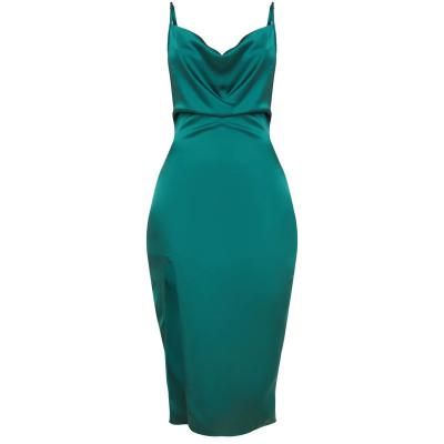 China Fashion Breathable Sexy Satin Summer Midi Dress Backless Cowl Neck High Split Green Silk Midi Dress for sale