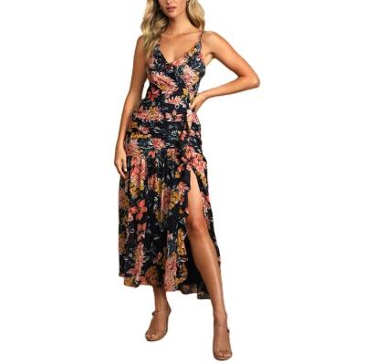 China New Summer Breathable Midi Dress Navy Blue Backless Floral Print Ruched Duct Casual Midi Dress for sale