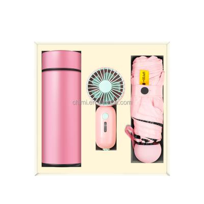 China 350ml Agriculture Gift Boxes Vacuum Cup Refillable Mini Umbrella Fan Mini Lovely Gift Set Best Selling Set for sale