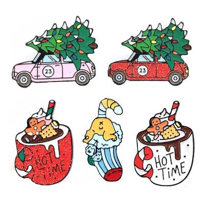 China Hot Europe Alloy Time Holiday Metal Gift Set Christmas Personalization Brooch Badge Glitter Enamel Pins for sale