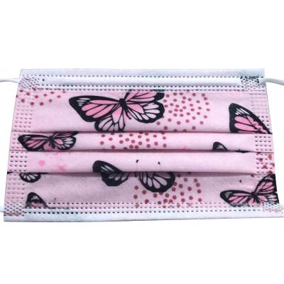 China Wholesale pink color 3ply designer disposable maskes fashion butterfly adult and kids disposable face maskes designs for sale