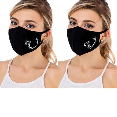 China Fashion Letter A-Z Rhinestones Glitter Face Maskes Women Dusting Washable Breathable Cotton Mouth Windproof Drill Ice Diamond Black Maskes for sale