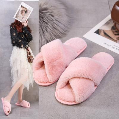 China Fashion Trend Women's Indoor Home Fluffy Sheepskin Soft Toe Fur Slides Slippers Open Cross Fur Slippers Color Fuzzy Solid Color for sale