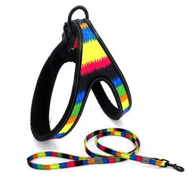 China Fashion V Shape Reflective Pet Supplies Oxford Printed Adjustable Reflective Neoprene Dog Harness And Leash for sale