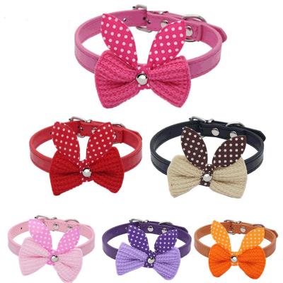 China Hot Selling Cheap Dog Collar Personalized Cat Supplies Cute Knitted Bowknot PU Adjustable Small Pet Dog Collar for sale