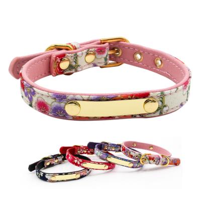 China New Arrival Personalized Printed Fabric PU Leather Dog Collar With Lettering Metal Name Plate for sale