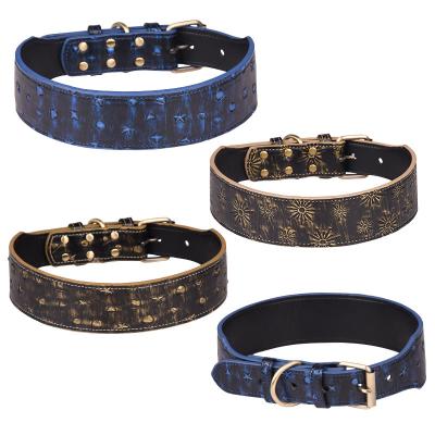 China Custom Engraved Star Pet Collar Metal Buckle Classic Classic Vintage Engraving Luxury Pu Heavy Duty Dog Large Embossed Collar for sale