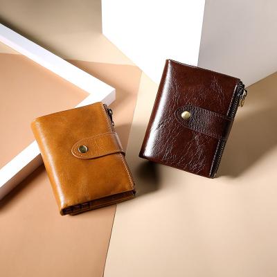 China Minimalist RFID Wallet RFID Blocking Wax Thin Cowhide Fold Wallet Mens Genuine Leather Oil Card Holder Gifts for sale