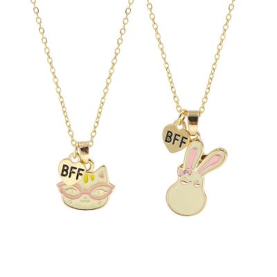 China Wholesale High Quality Gold Plating Kids Colorful Fashion Jewelry Enamel Cat And Rabbit BFF Necklace Set For Kids Girls for sale