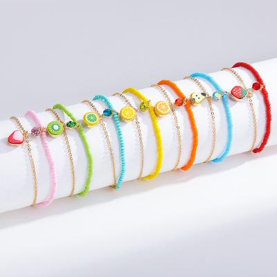 China High Quality 2022 Summer Girl Stacked Handmade Colorful Soft Clay Seed Bead Fruit Pendant Beaded Bracelet Double Charm Bracelet for sale