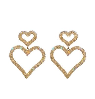 China High quality 925 silver needle European and American fashion exaggeration set with diamond heart double heart along temperament trend earrings for sale