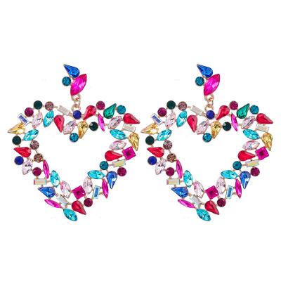 China High quality European American heavy industry exaggerated color diamond flower earrings alloy multicolor diamond inlaid heart for sale