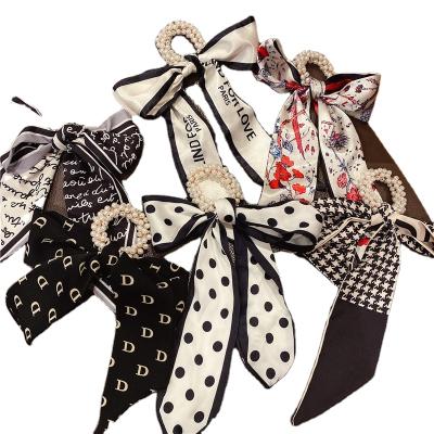 China 2021 New INS Top Silk Scarf Hair Rope Hair Band Pearl Elastic Scrunchies Ribbon For Girls for sale