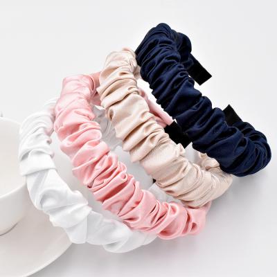 China Popular Solid Color Ins Mercerized Simple Headband Bubble Pleat Satin Headband Snap Hair Head Loop Hair Accessories for sale