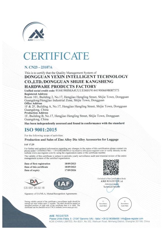 ISO 9001:2015 - Dongguan Kangsheng Hardware Factory