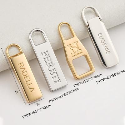 China Customized Shape Nickel Metal Zipper Sliders Gold Zipper Pull With Logo for Bags Purse for sale