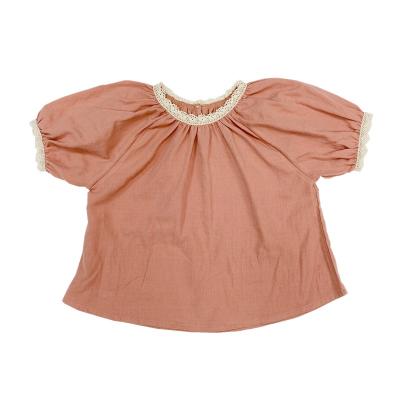 China 2022 Summer Baby Clothing Toddler Breathable Raglan Sleeve Girls Stitch Peter Pan Collar Summer Pink Short Sleeve Shirt for sale