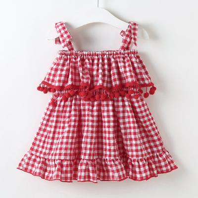 China New Fashion Girls Summer Dress Sleeveless Checked Princess Breathable Kids Clothes Girl Dresses Kids Girl's Dress With Pompom for sale