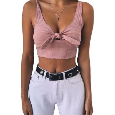 China 2021 Fashion Casual Sexy Crop Tops Girls Clothing Streetwear Bow Tie Tank Camisole Summer Breathable Ribbed Women Tops for sale