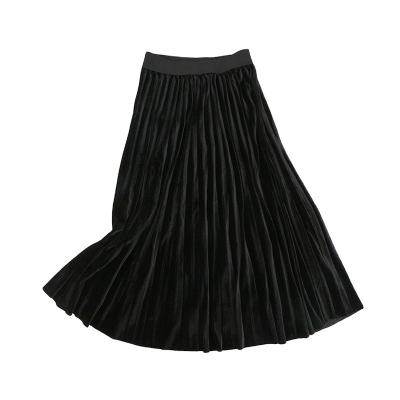 China Wholesale Plus Size High Waist Spring Autumn Fashion Plain Color Long Flare Skirt Women Pleated Velvet Skirt for sale