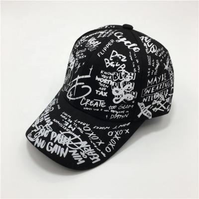 China COMMON custom all over geometric print black cotton fabric graffiti print sports hat and baseball cap for sale