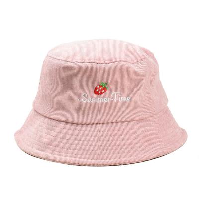 China Picture Women Embroidery Letter Strawberry Hunting Bucket Hat Sun Protection Corduroy Letter Printing Fisherman Hat for sale