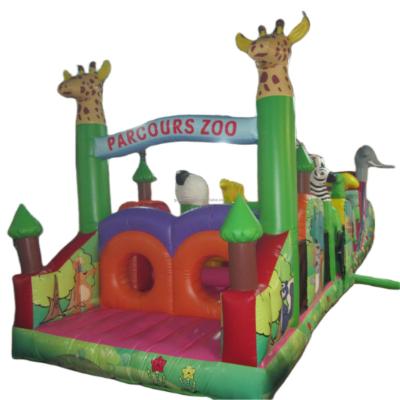 China Commercial Outdoor Entertainment Parcours Zoo Theme Kids Inflatable Obstacle Course Jungle Bounce Obstacle Training Bouncer For Playground Amusement for sale