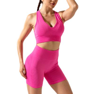 China New Breathable Solid Color Sports Bra And Shorts Sexy Tummy Tuck And Butt Lift Yoga Suit Customizable Two Piece Set for sale