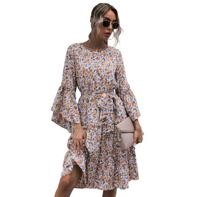 China New Chiffon Long Skirt Vacation Beach Washable Round Neck Autumn Long Sleeve Pleated Dress Women Floral Long Sleeve for sale