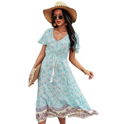 China Floral V-Neckline Short Sleeve Summer Casual Ladies Fashion Anti-Static Loose Women's Simple Dress for sale