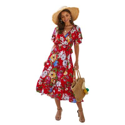 China Summer Anti-Static Ladies Short Sleeve Floral Printed Casual Dress Long for sale