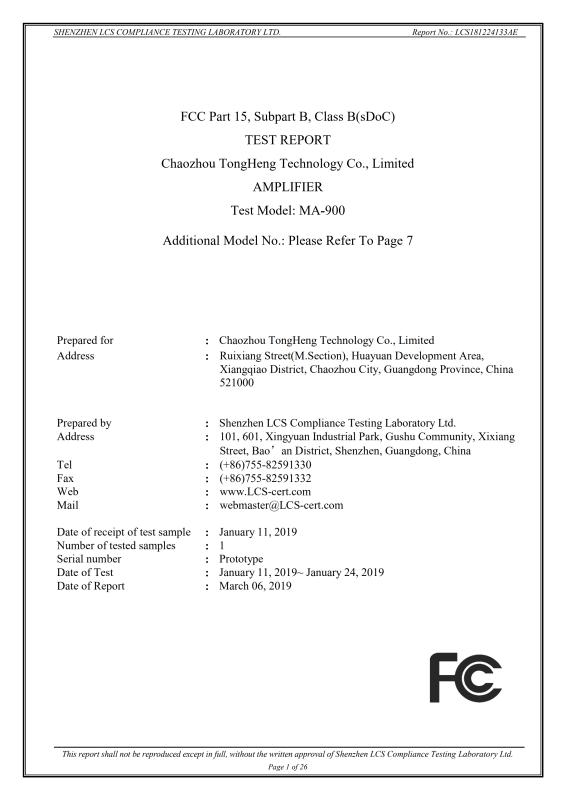 FCC - Tongheng Electronic Technology Co., Limted