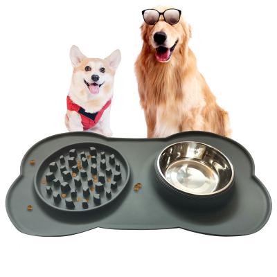 China Durable Non-slip Silicone Slow Feeder Dog Bowl Stop Swelling Mat Silicone Water Bowl Stainless Steel Water Bowl For Pets for sale